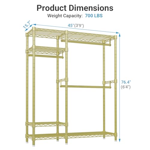 VIPEK V2 Heavy Duty Clothes Rack, Metal Closet Rack Organizer, Gold | Garment Racks with 4 Tiers Wire Shelving 3 Hanging Rods, Compact Freestanding Closet Metal Closet Rack, Max Load 700LBS - color: Gold, style: V2