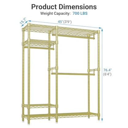 VIPEK V2 Heavy Duty Clothes Rack, Metal Closet Rack Organizer, Gold | Garment Racks with 4 Tiers Wire Shelving 3 Hanging Rods, Compact Freestanding Closet Metal Closet Rack, Max Load 700LBS - color: Gold, style: V2