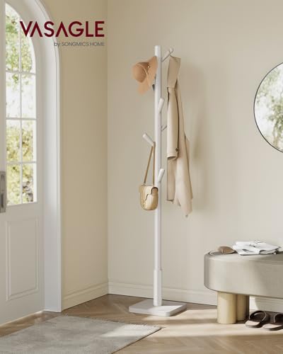 VASAGLE Solid Wood Coat Rack, Free Standing Hall Coat Tree with 8 Hooks, 3 Height Options, for Coats, Hats, Bags, Purses, for Entryway, Hallway, Rubberwood Hooks and Pole, Cappuccino Beige URCR010K01 - color: Cappuccino Beige, style: Square Base + Cylindr
