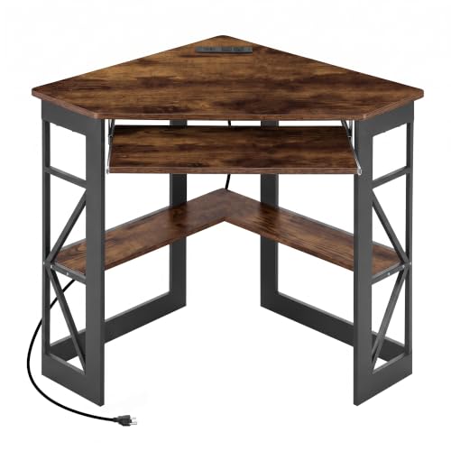 VECELO Corner Desk, Triangle Computer Desk for Small Space with Charging Station and Keyboard Tray, Corner Makeup Table with Storage Shelves for Home Office Bedroom, 41x30, Vintage Brown - color: Vintage Brown, size: 28" x 41" x 30"