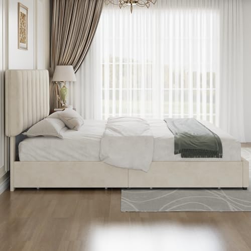 VECELO King Size Bed Frame with 4 Storage Drawers, Adjustable Height Headboard, Heavy-Duty Bedframe with Strong Wooden Slats, No Box Spring Needed, Pale Beige - color: Pale Beige, size: King, style: Bed Frame With Drawers