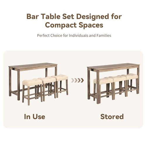 59" Counter Height Bar Table Set with Power Outlet, Industrial Breakfast Table with 3 Padded Stools, 4 Piece Bar Table and Chairs Set for Living Room, Dining Room, Brown - color: R1-brown