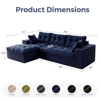 MAXYOYO Boneless Couch, 96-Inch L-Shaped Cloud Couch with Ottoman | Navy Layered Cushioning and Flexible Modules Create an Upholstered Sofa in a Box with No Assembly for Spacious Living Rooms. - color: Navy, size: 96" L Shape