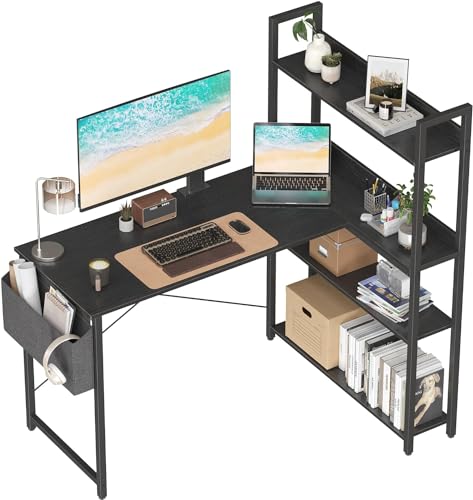 Treesland 47 Inch Computer Desk with Bookshelf, Corner Desk with Storage, L Shaped Desk, Home Office Desks, Writing Study Desk for Bedroom, Black - color: Black, size: 47 inch