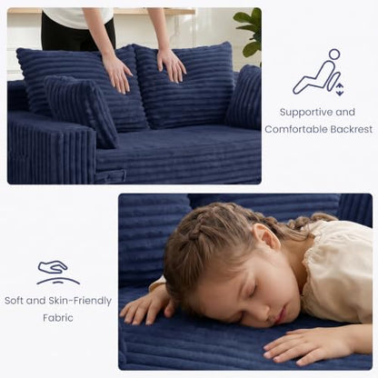 3-in-1 Convertible Sofa Bed: Boneless Loveseat Sleeper & Folding Couch Bed with 4 Pillows & Detachable Cushion,Furry Futon Couch for Bedroom,Apartment,Office and Living Room, No Assembly,Blue - color: Blue, size: Loveseat Sofa