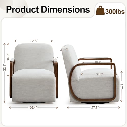 32" Swivel Accent Chairs Set of 2, Beige Chenille, Oversized Armchair | Upholstered Lounge Chairs with Wooden Armrests, 360° Rotating Metal Base for Living Room & Bedroom - color: Beige, size: 2 Pack