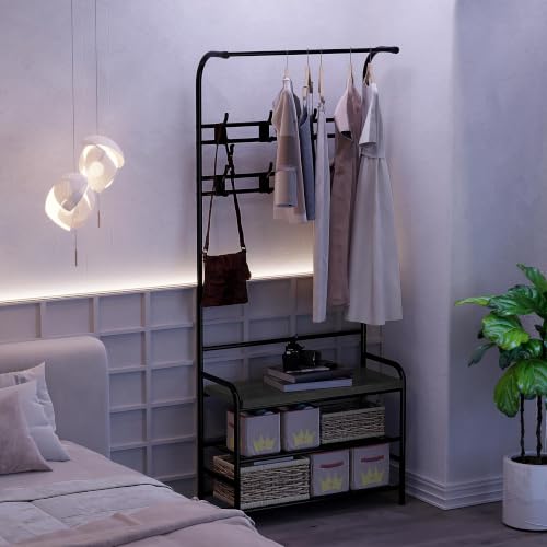 4-in-1 Hall Tree with Shoe Storage Bench, Entryway Coat Rack with 8 Hooks, Hanging Bar & Storage Shelves, Narrow Mudroom Organizer Bench for Entryway, Hallway, Living Room, Coat Rack Bench, Gray