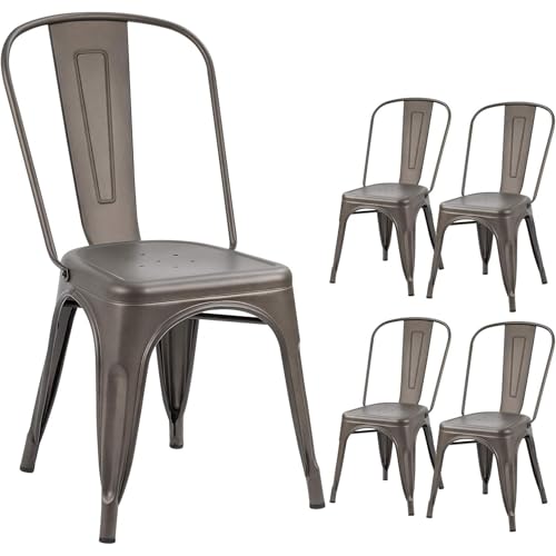 Devoko Metal Indoor-Outdoor Chairs Distressed Style Kitchen Dining Chairs Stackable Side Chair with Back Set of 4 (Gun) - color: Gun