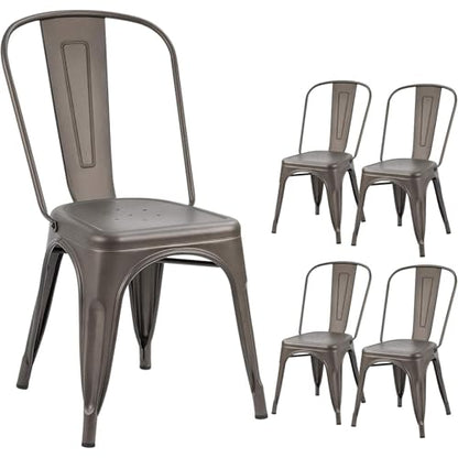 Devoko Metal Indoor-Outdoor Chairs Distressed Style Kitchen Dining Chairs Stackable Side Chair with Back Set of 4 (Gun) - color: Gun