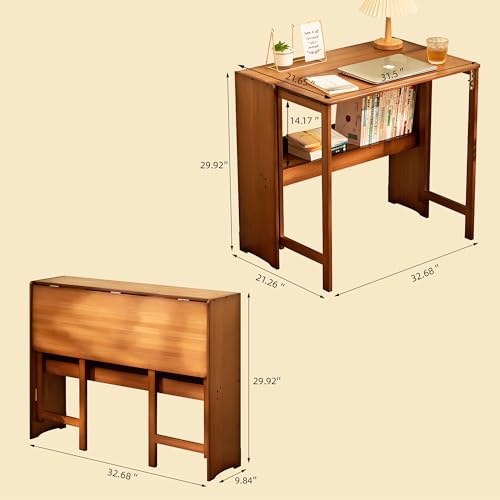 HRVEOCEI Bamboo Fold Out Desk with Storage, Mid Century Hideaway Desk for Small Spaces, Folding Computer Desk for Home Office Bedroom Apartment, Space Saving (Light Walnut) - color: Light Walnut