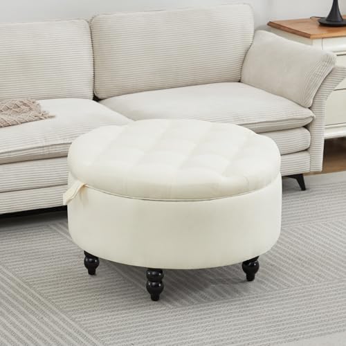 24 Inch Fabric Round Ottoman with Storage, Modern Upholstered Button Tufted Ottoman Coffee Table with Tray Lid, Circle Footstool with Storage for Living Room, Bedroom, White - color: White, size: 24"D x 24"W x 17.1"H