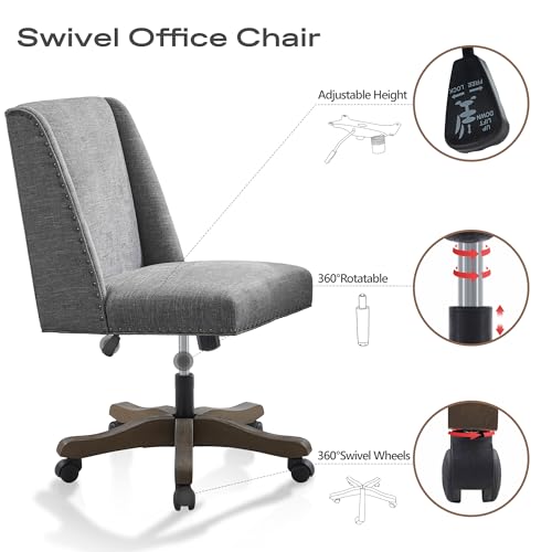 Upholstered Armless Office Chair Fabric Swivel Home Desk Chair with Wheels | Modern Comfy Boho Office Chair with Wooden Legs Adjustable Desk Chair no Arms for Sewing Women Farmhouse Study Studio Grey - color: Grey