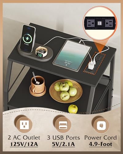 WLIVE LED Nightstand with Charging Station, Fabric Dresser with 5 Drawers for Bedroom, Tall Night Stand with Open Shelves, Bed Side Tables Living Room, Black - color: Black, size: 5 Drawers
