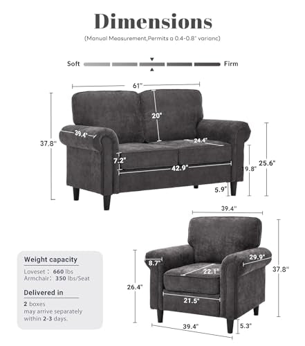Loveseat 2 Seater Couch with Chair, Mid Century Modern Chenille Sofa Set with Rolled Arms and Deep Seats, Fluffy Comfort for Living Room, Apartment, Easy Assembly, Grey - color: Grey, size: Chenille Loveseat + Chair