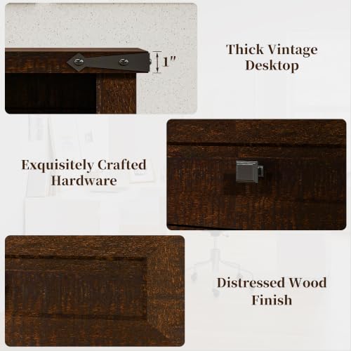Farmhouse Executive Desk with Charging Station, 45″ Home Office Computer Desk with Drawer & Open Shelf, Writing Desk for Small Space,Dark Brown - color: Dark Brown