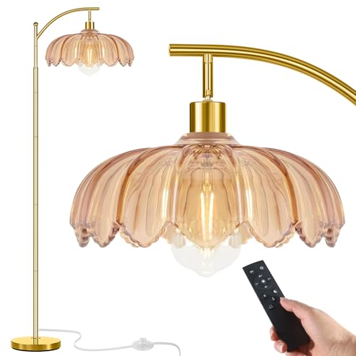 gernehop Gold Floor Lamp for Living Room with Remote,Unique Vintage Standing Tall Lamp,Mid Century Modern Floor Lamps Arc Glass Floor Lamps for Office Corner - color: Gold & Remote