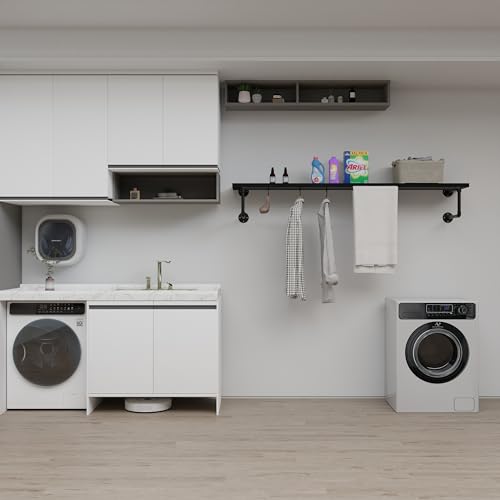 Clothes Rack 60in, Wall Mounted Garment Racks with Black Solid Wood Shelf, Heavy Duty Hanging Clothes Rack, Multi-Purpose Hanging Rod, Space-Saving Closet Storage - color: Black, size: 1T60IN