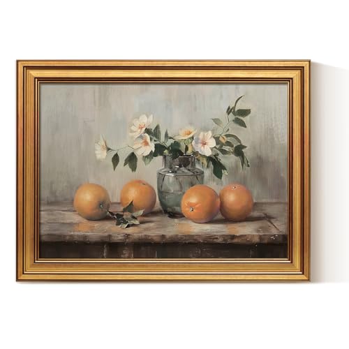 VIYYIEA Vintage Gold Framed Canvas Prints Wall Decor, Farmhouse Vintage kitchen Wall Art, Classical Oranges Still Life Paintings, Rustic Pictures for Dining Room Living Room Shelf, 12x16inch - color: White Roses Vase, size: 16"L x 12"W