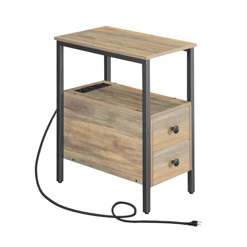HOOBRO End Table with Charging Station, Narrow Side Table with 2 Drawer & USB Ports & Power Outlets, Nightstand for Small Spaces, for Living Room, Bedroom, Sapphire Brown UC541BZ01 - color: Sapphire Brown