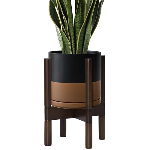 D'vine Dev Ceramic Pot with Walnut Wood Stand, Black/Tan, 8 in, 55-B-Y-7 | Mid-Century Modern Design, Raised Plant Display, Solid Beech Wood Stand, Premium Craftsmanship, Sophisticated Home Decor - color: Black/Speckled Tan Pot + Walnut Color Stand, size: