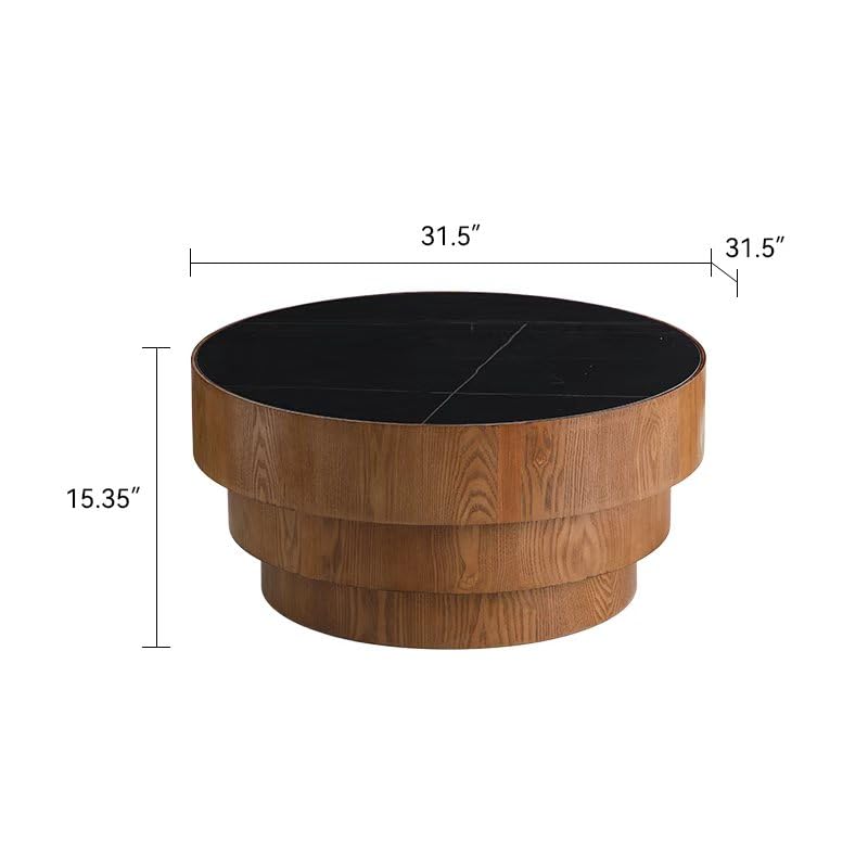 31.5" Round Black Sintered Stone Coffee Table, Mid-Century Modern Marble Coffee Table with Stable Wood Pedestal Base, Circle Drum Cocktail Center Tea Tables for Living Room Bedroom Apartment - color: Black
