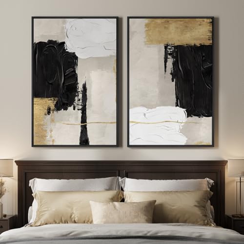Framed Black and White Abstract Wall Art for Living Room, Set of 2 Gold Modern Minimalist Canvas Artwork for Walls, Large Black White and Gold Luxury Prints Wall Decor for Bedroom Hallway, 24x36 Inch - color: Black Neutral Gloden, size: 24" W x 36" H x 2P