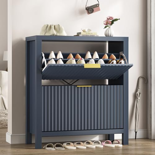 Fluted Shoe Cabinet Storage with 2 Flip Drawers for Entryway, Hallway | Narrow Shoe Rack Freestanding Shoe Organizer with Legs for Entryway，Hallway, Blue - color: Blue, size: 2 Drawers