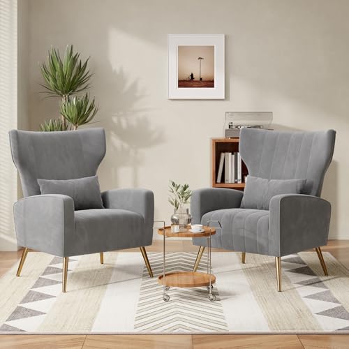 Nebuaegis Velvet Accent Chair Set of 2Wingback for Living Room, High Back Arm Chair with Golden Legs Lumbar Pillow, Upholstered Single Sofa Bedroom Gray - color: Grey, size: Set of 2