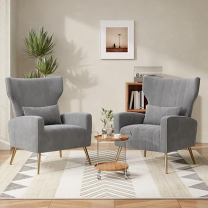Nebuaegis Velvet Accent Chair Set of 2Wingback for Living Room, High Back Arm Chair with Golden Legs Lumbar Pillow, Upholstered Single Sofa Bedroom Gray - color: Grey, size: Set of 2