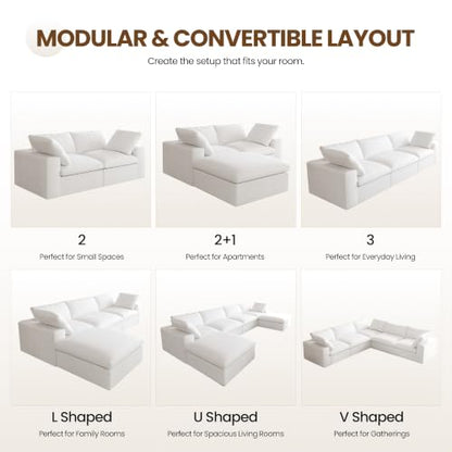 79" Cloud Modular Sofa, Convertible Modular Loveseat Couch, Cotton Linen Fabric Sofa for Living Room, Apartment and Bedroom, Removable Covers, 2 Pillows, White - color: White, size: 2-Seater