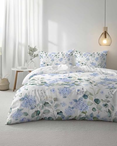 Duvet Cover Set Full, Blue Hydrangea Flower Leaves on White 3 Piece Bedding Set Breathable Quilt Cover Set, Farmhouse Floral Soft Microfiber Bed Set with Pillow Shams - size: Full