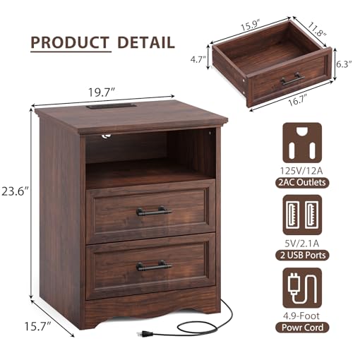 Farmhouse Nightstand with Charging Station, Walnut Wood Bedside Table & End Table with 2 Drawers and Unique Base Design, Side Table Storage Cabinet with Metal Handles for Bedroom, Living Room - color: Walnut, size: 1 Piece