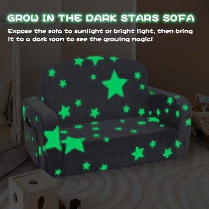 Foryoomi Extra Wide Kids Couch, 2-in-1 Soft Couch with Blanket, Glow in The Dark, Comfy Chair with Cloud Pillow, Convertible Sofa, Star - color: Grey Star