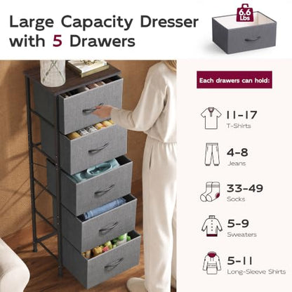 WLIVE Tall Dresser for Bedroom, 5 Drawer Dresser, Dark Grey | 5 vertical fabric drawers, Tall vertical design, Bedroom or closet use, Dresser for small spaces, Chest of drawers - color: Dark Grey