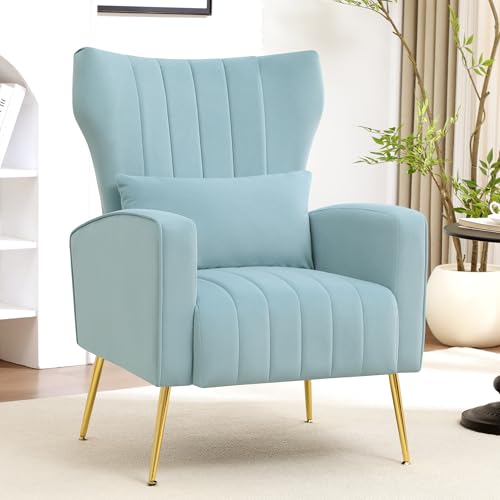 Modern Accent Chair Upholstered Living Room Chair,High Back Arm Chair with Metal Legs Lumbar Reading Chair for Bedroom, Apartment, Small Spaces Sky Blue - color: Sky Blue, size: Set of 1