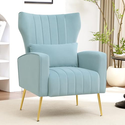 Modern Accent Chair Upholstered Living Room Chair,High Back Arm Chair with Metal Legs Lumbar Reading Chair for Bedroom, Apartment, Small Spaces Sky Blue - color: Sky Blue, size: Set of 1