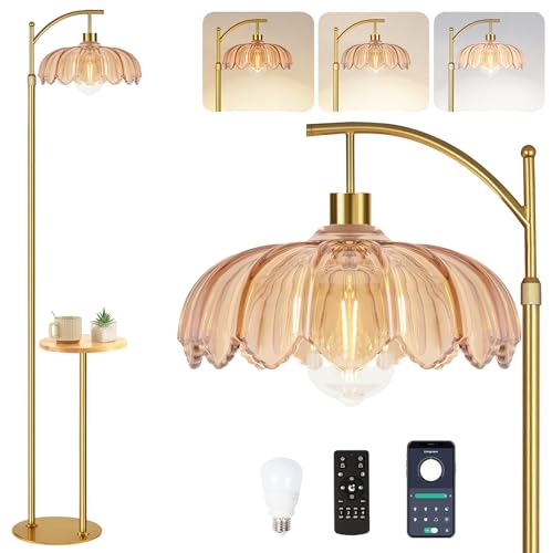 QIYIZM Gold Floor Lamp with Table and Shelves for Living Room Bedroom,Glass Standing Lamp with Remote Dimmable,Boho Brass Tall Lamp Vintage Farmhouse Arc Flower Floor Light Bohemian - size: 05-Floor Lamp