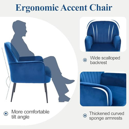 GDFStudio 25" Velvet Accent Chair with Arms and Back, Modern Shell-Shaped Upholstered Barrel Chairs, Small Comfy Reading Chair Lounge Chairs with Solid Legs for Living Room Bedroom Office Cafe, Blue - color: Blue