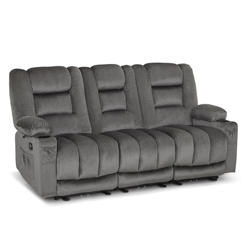 MCombo 82 in 3 Seater Reclining Sofa with Heat and Massage PR647 (Grey) | 155° Zero Gravity, Reclining Middle Seat, Dual Charging Ports, Cup Holders, FSC & OEKO Certified - color: Grey, size: 3 Seater Recliner with Zero Gravity