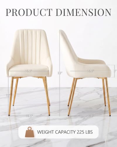 White Velvet Dining Chairs Set of 6, Modern Kitchen and Vanity Chairs | Modern upholstered vanity chairs with gold metal legs, stain-resistant hand-quilted fabric, high-density foam cushion seat - color: White, size: Set of 6