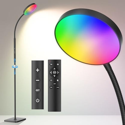 PACOVY 플로어 램프, 거실 침실용 높이 조절 가능한 플로어 램프, 120 LED 매우 밝은 스탠딩 램프 리모컨, 조도 조절 가능한 구즈넥 톨 스탠드 독서 램프, 사무실 공예용, 블랙-RGB - color: 블랙-RGB 조명