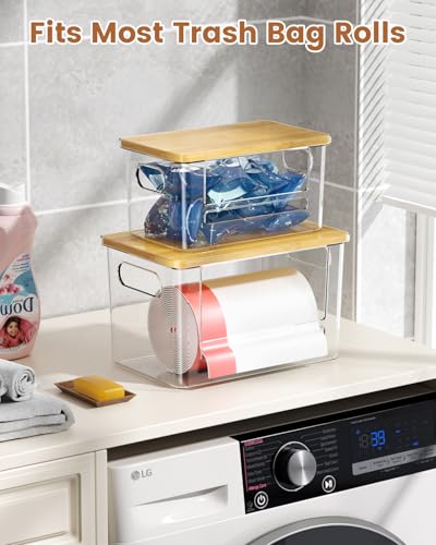 Trash Bag Dispenser 2-Pack, Stackable Trash Bag Holder with Bamboo Lid – Clear Plastic Garbage Bag Organizer for 13/30/33 Gal Bags, Space-Saving Under Sink Organizer for Kitchen, Laundry, Pantry - size: XL+XL