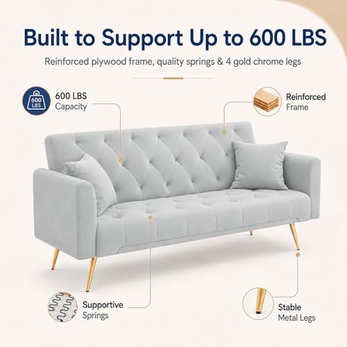 Majnesvon 71" Convertible Folding Sleeper Sofa Couch,Modern Velvet Loveseat Sleeper with 2 Pillows, Futon Sofa Bed with Mattress and Frame for Living Room,Bedroom,Small Space (Grey) - color: Grey
