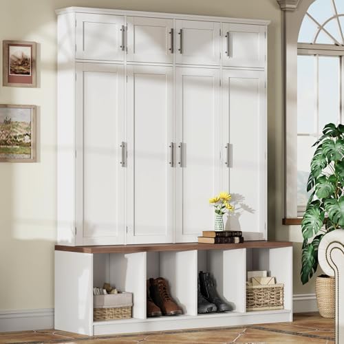 JIVOIT 75" H Farmhouse Hall Tree with Storage, Versatile 4-in-1 Coat Hanger with 4 Hidden Hanging Hooks, 8 Doors, Entryway Shoe Cabinet with Open Compartments for Living Room - color: White//23