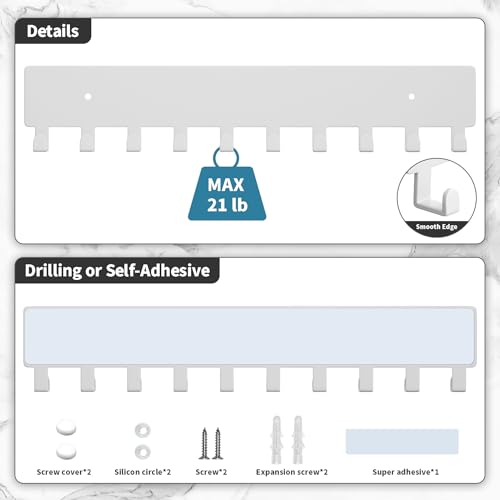 GTK Key Holder for Wall, Key Hooks with 10 Hooks, Wall Mounted Key Holder for Hallway, Self Adhesive Key Rack(White) - color: White