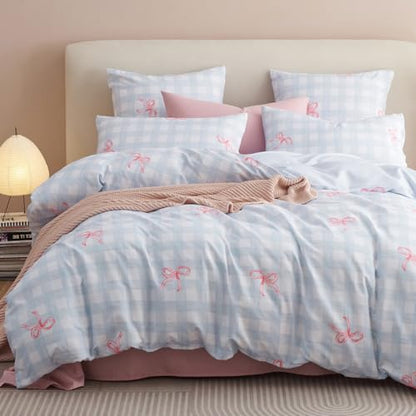 Blue Plaid Pink Bow Duvet Cover Queen Size | Soft Lightweight Microfiber Duvet Cover Set With Zipper Closure, Blue Plaid And Pink Bow Design, Includes 2 Pillowcases - color: Bow-knot, size: Queen(No Comforter)