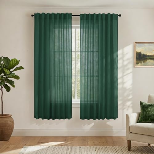 Dark Green Linen Curtains 63 Inch Length for Bedroom, Back Tab Boho Non-See-Through Semi Sheer Window Curtains for Living Room 2 Panel Set, Dark Forest Hunter Green, Cortinas Verdes Para Cuarto - color: Hunter Green, size: 52"W x 63"L (Pack of 2)