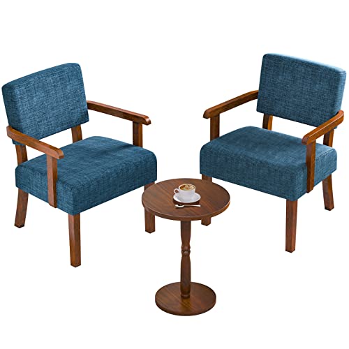 Accent Chairs Set of 2, 2 Solid Wood Armchairs with Side Table | Living Room Chairs with Soft Thicken Cushion, Comfy Reading Chair for Bedroom, Waiting Room, Home Office, Easy Assembly - color: Linen Blue, size: Set of 2 with table