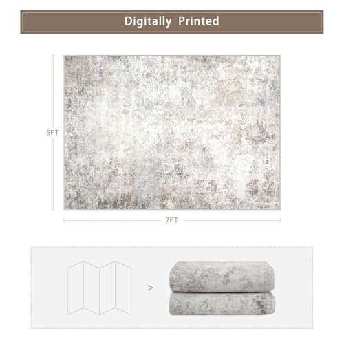 Beige Grey Washable Rugs 5x7 Area Rugs for Living Room,Bedroom,Dining Room | Modern Abstract,Ultra Soft Faux Wool,Kids & Pet Friendly,Non-Slip & Non-Shedding,Large Vintage Low Pile Rug for Home Office - color: Brown-grey-beige-slate, size: 5' x 7' (Rectan