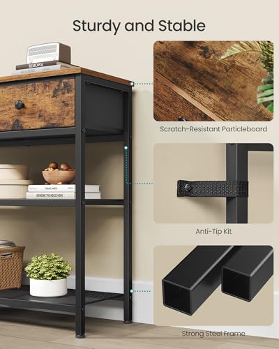 SONGMICS Console Table, Narrow Sofa Table with 2 Mesh Shelves | For Entryway, Living Room, 3 Fabric Drawers, Rustic Brown, BELLAH Collection ULGS098K101 - color: Rustic Brown, size: 11.8"D x 38.9"W x 31"H (3 Drawers)